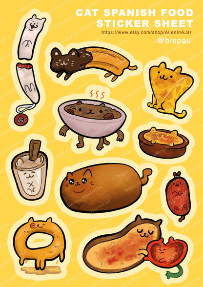 Cat Spanish food Peel-off sticker sheet A5 AlienInAJar