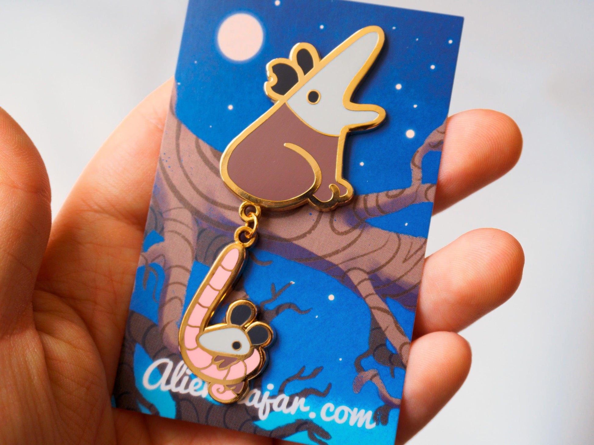 Dangling Mom and Baby Opossum Enamel Pin AlienInAJar