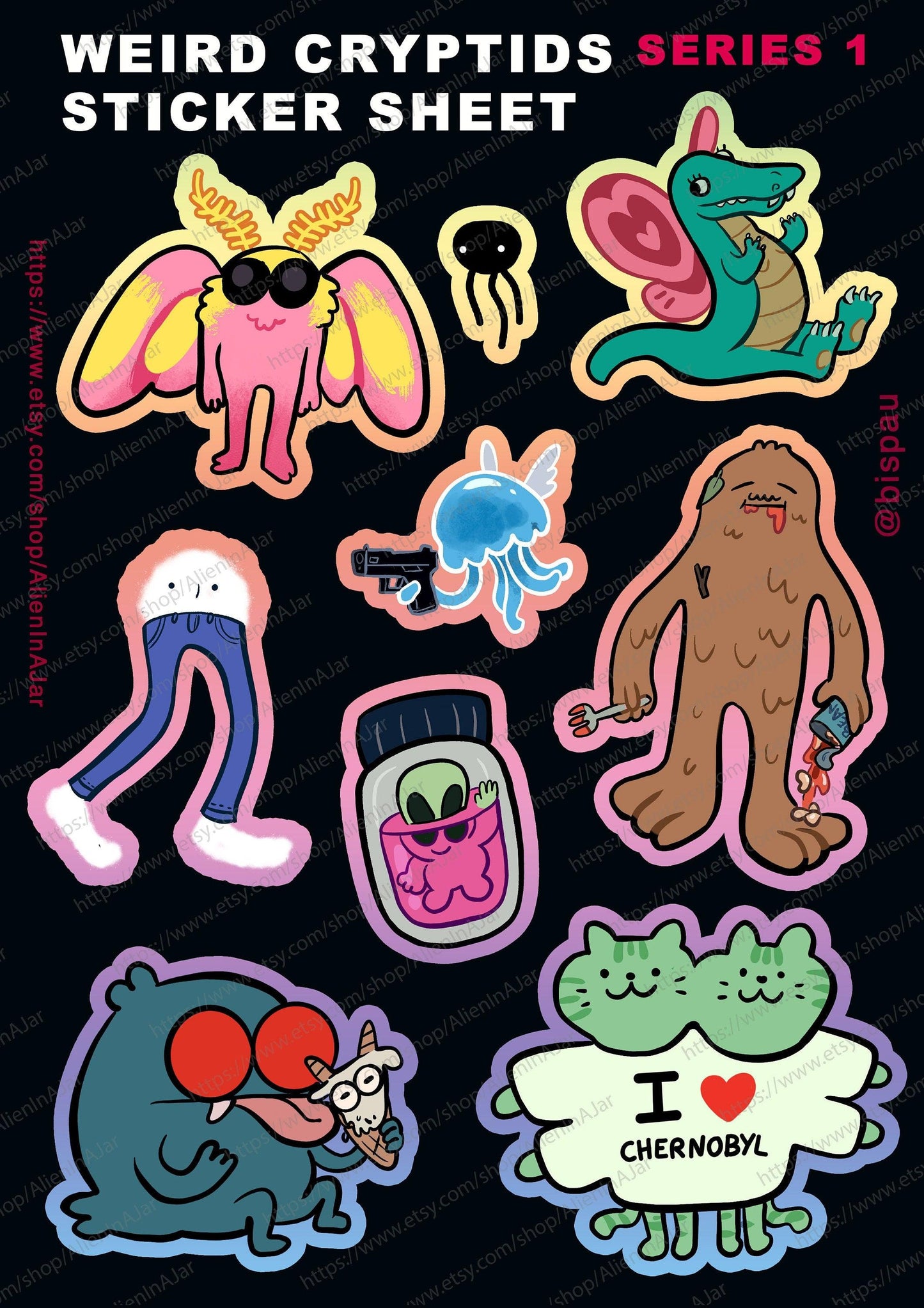 Weird cryptids Peel-off sticker sheet A5 AlienInAJar